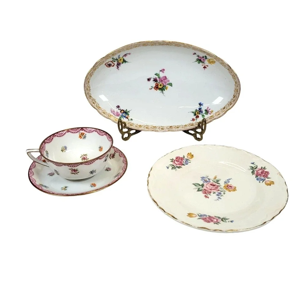 Vtg 4 Pc Mixed Lot Bavarian Porcelain Floral Gild Tea Cup Saucer Oval Dish Plate
